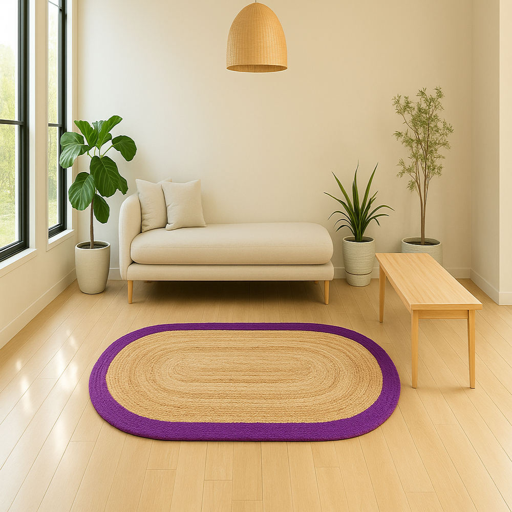 Natural Jute Oval Braided Rug with Purple Border