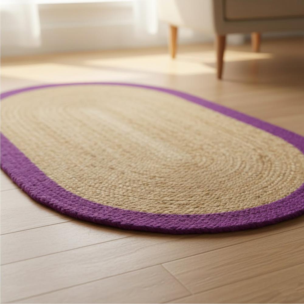 Natural Jute Oval Braided Rug with Purple Border