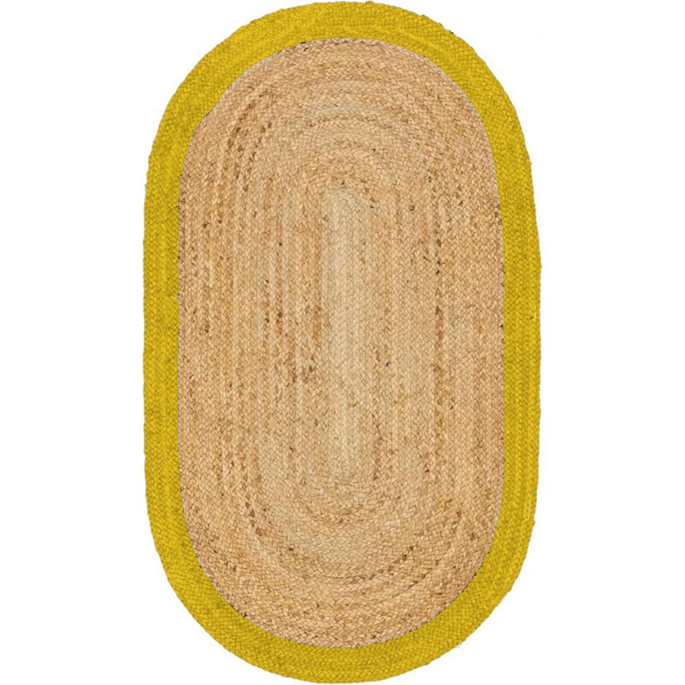 Natural Jute Oval Braided Rug with Yellow Border