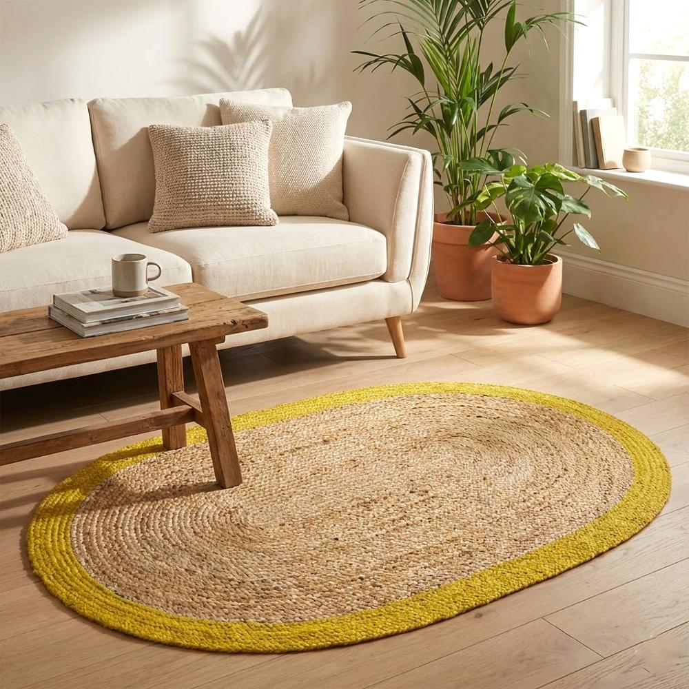 Natural Jute Oval Braided Rug with Yellow Border