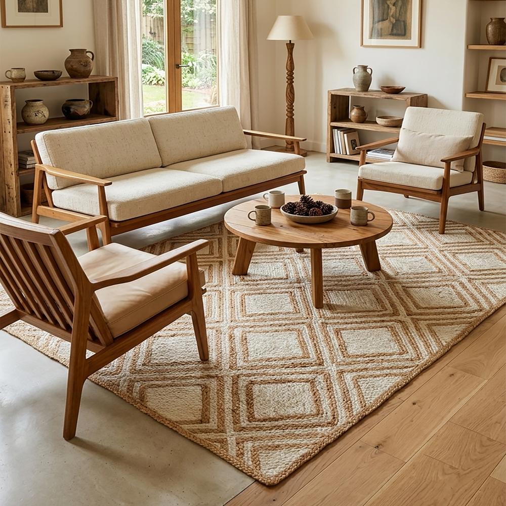 Hand Braided Natural Jute Rug with Geometric Diamond Pattern