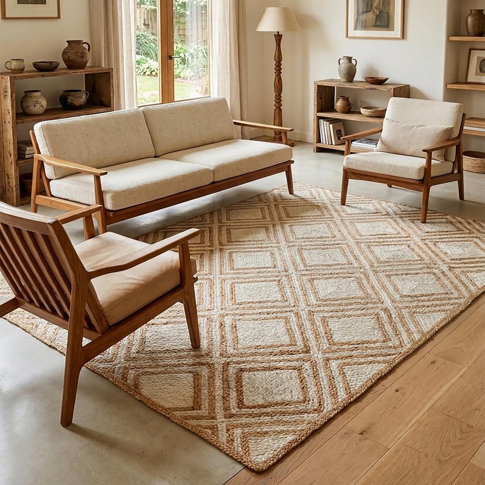 Hand Braided Natural Jute Rug with Geometric Diamond Pattern