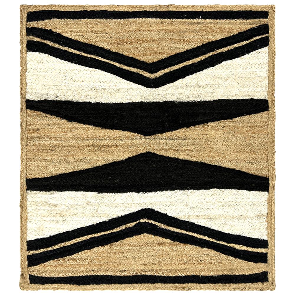 Hand Braided Natural Jute Rug with Black and White Chevron Geometric Pattern
