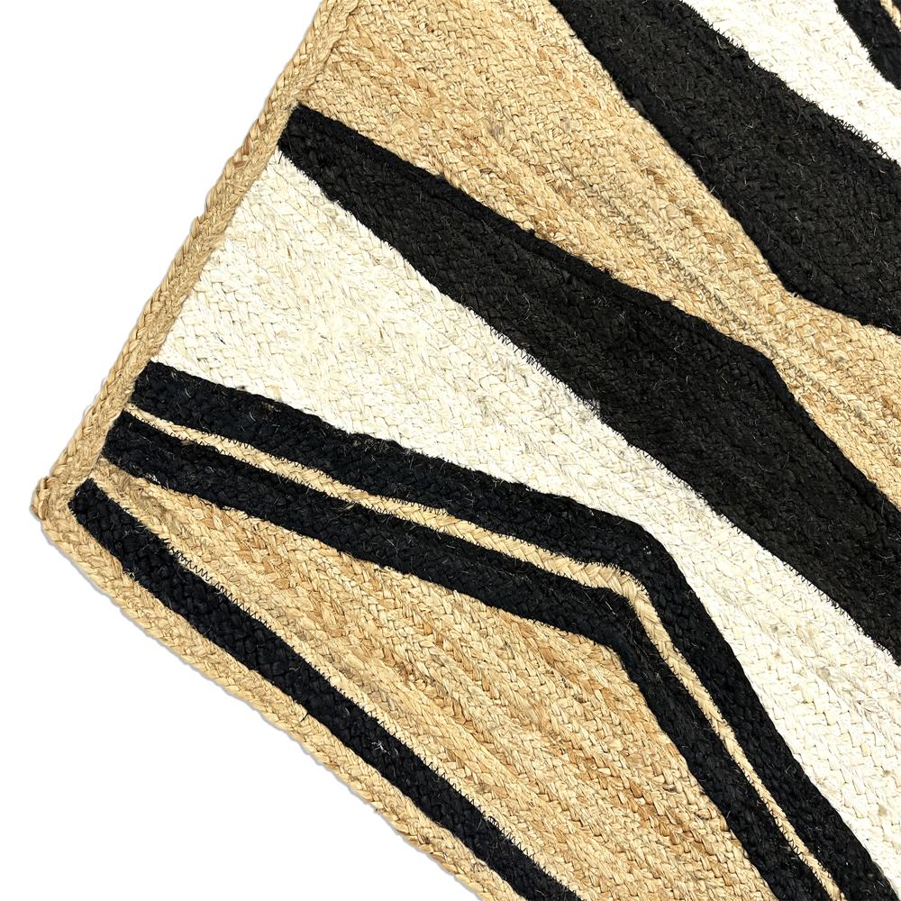 Hand Braided Natural Jute Rug with Black and White Chevron Geometric Pattern