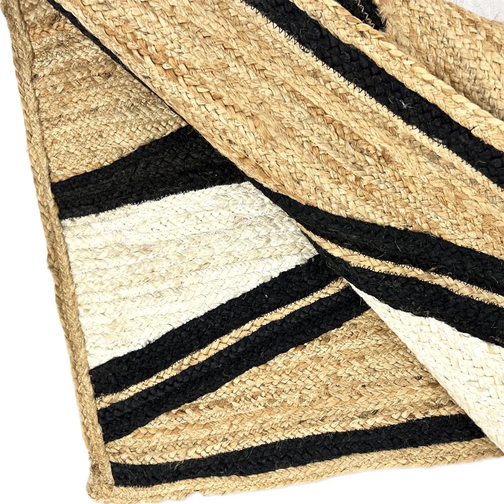 Hand Braided Natural Jute Rug with Black and White Chevron Geometric Pattern