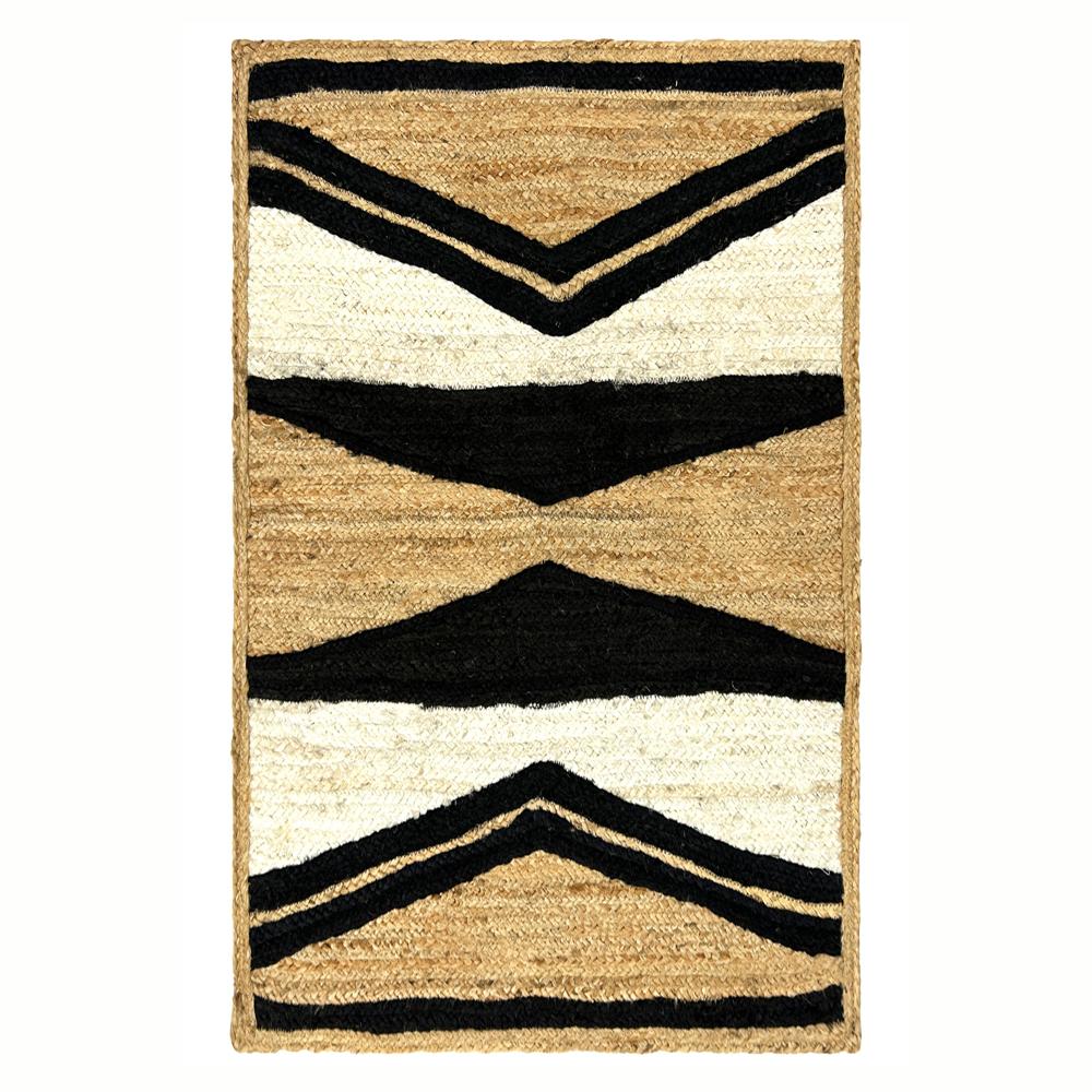 Hand Braided Natural Jute Rug with Black and White Chevron Geometric Pattern