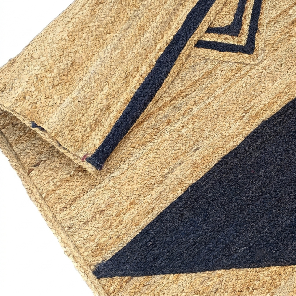 Hand Braided Natural Jute Rug with Black and White Chevron Geometric Pattern