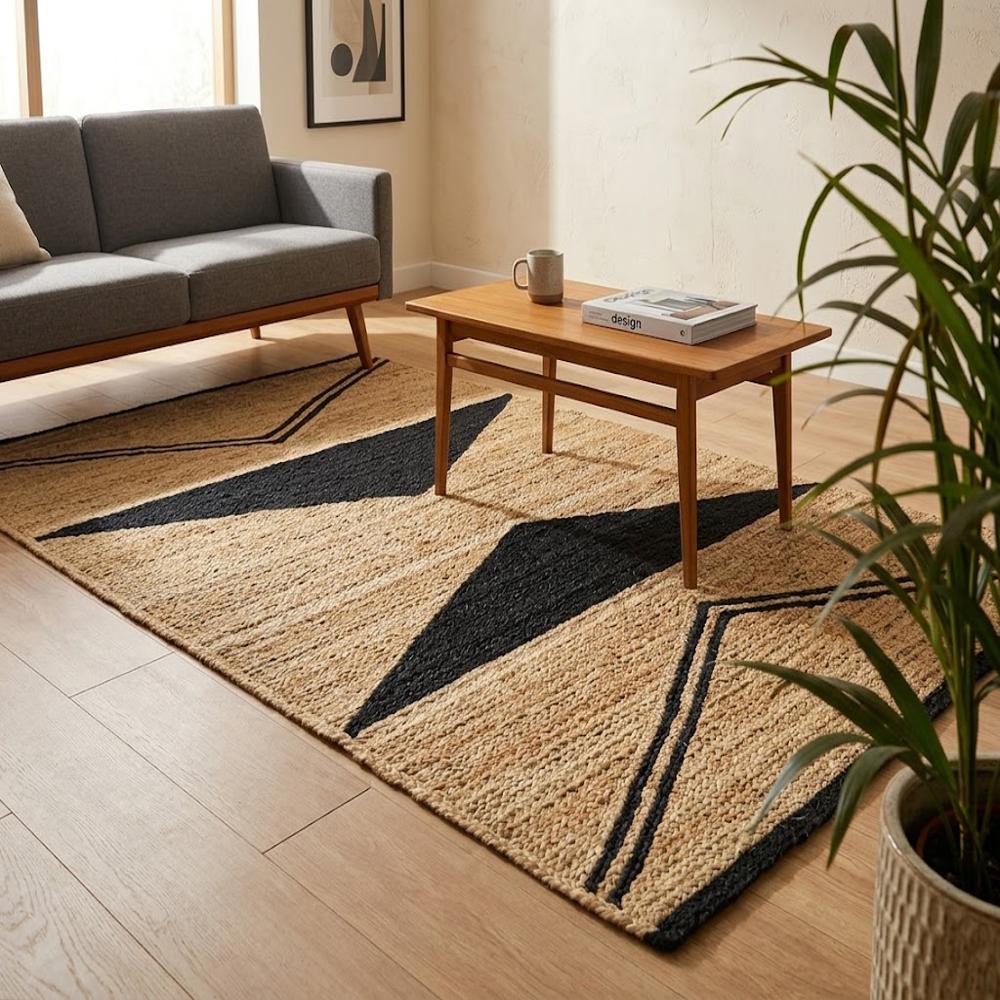 Hand Braided Natural Jute Rug with Black and White Chevron Geometric Pattern