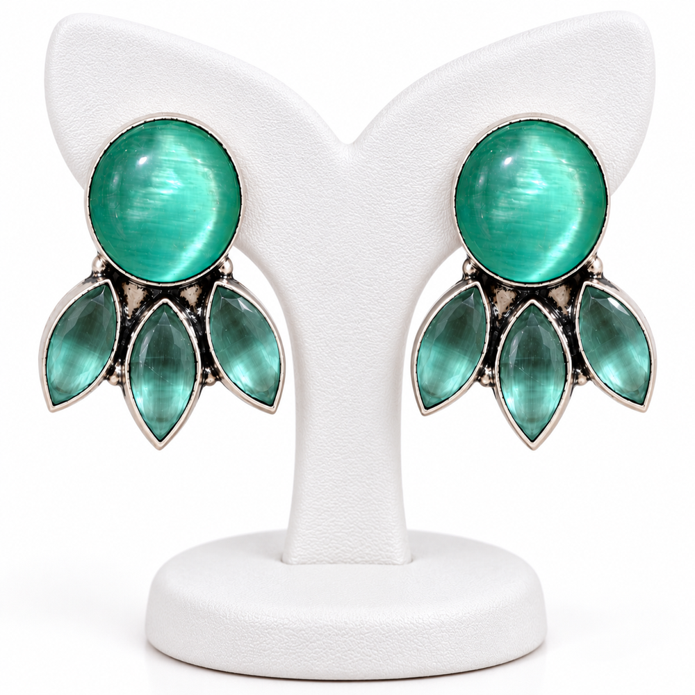 Green Stone Studded Metallic Dangle Earrings - Grade: A
