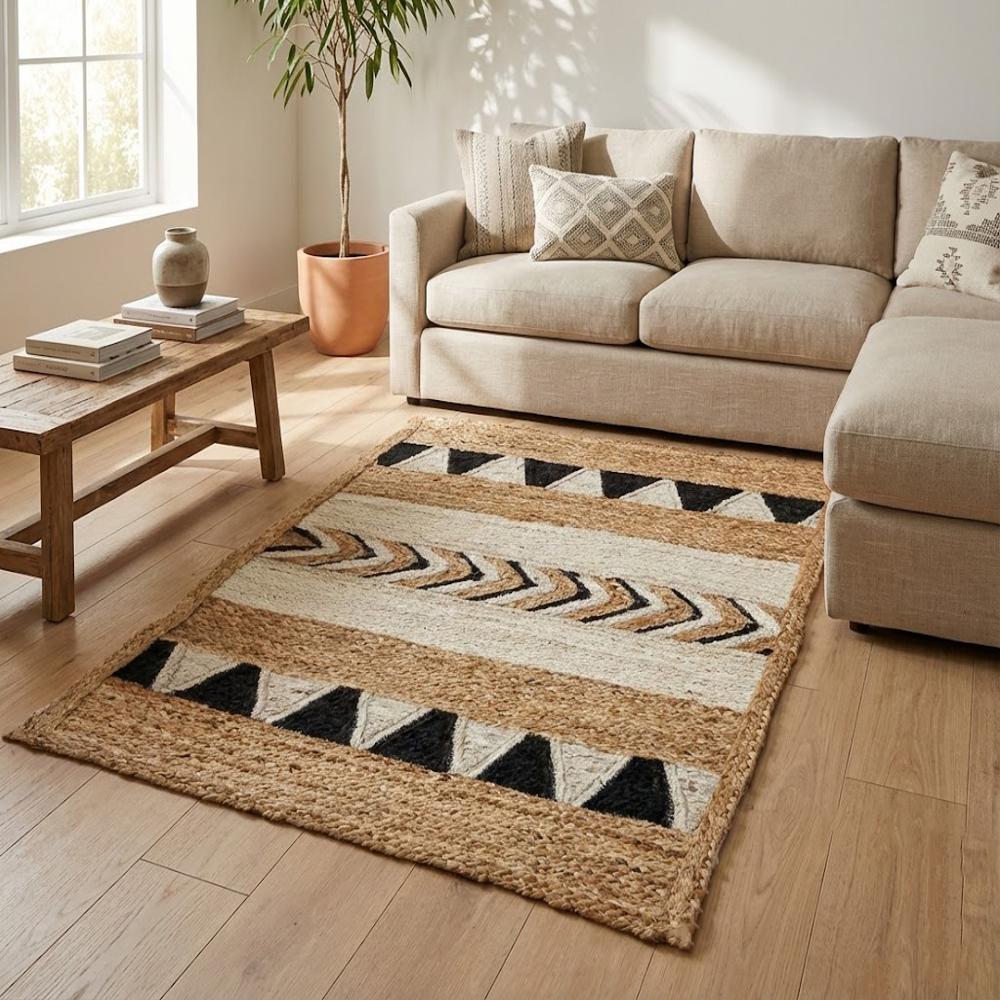 Hand Braided Natural Jute Rug with Multi-Pattern Geometric Stripe Design