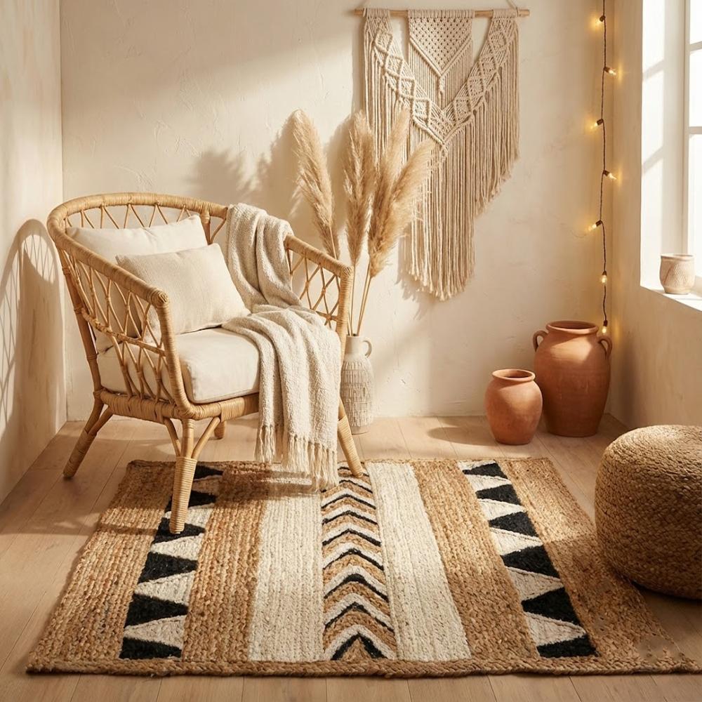 Hand Braided Natural Jute Rug with Multi-Pattern Geometric Stripe Design