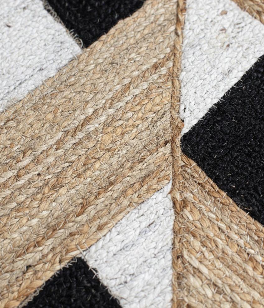 Hand Braided Natural Jute Rug with Black and White Diamond Lattice Geometric Pattern