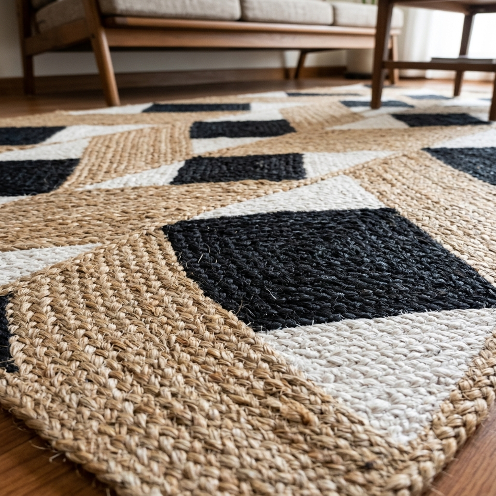 Hand Braided Natural Jute Rug with Black and White Diamond Lattice Geometric Pattern