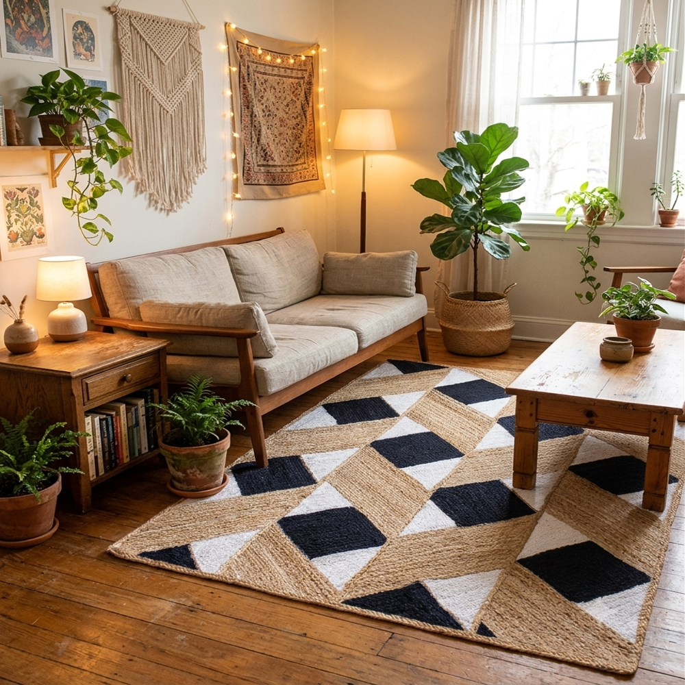 Hand Braided Natural Jute Rug with Black and White Diamond Lattice Geometric Pattern
