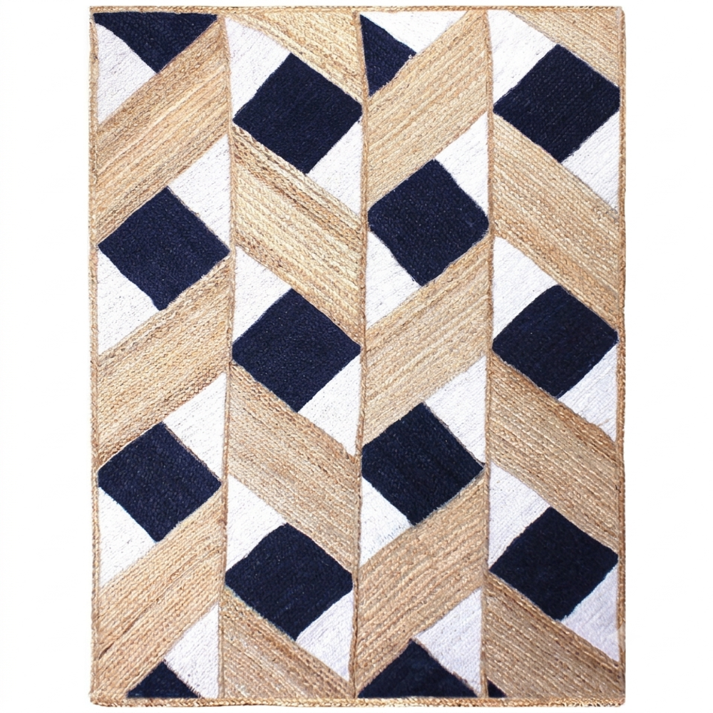 Hand Braided Natural Jute Rug with Black and White Diamond Lattice Geometric Pattern