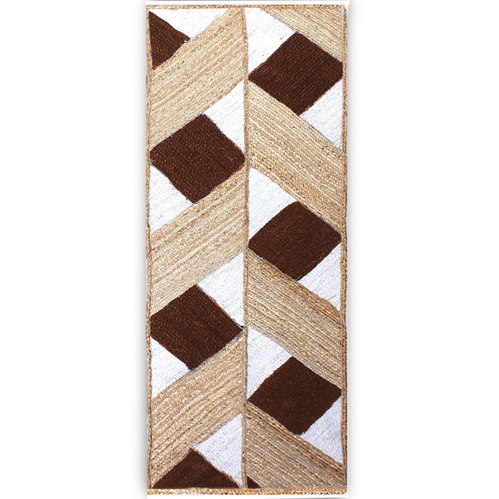 Hand Braided Natural Jute Rug with Brown and White Diamond Lattice Geometric Pattern