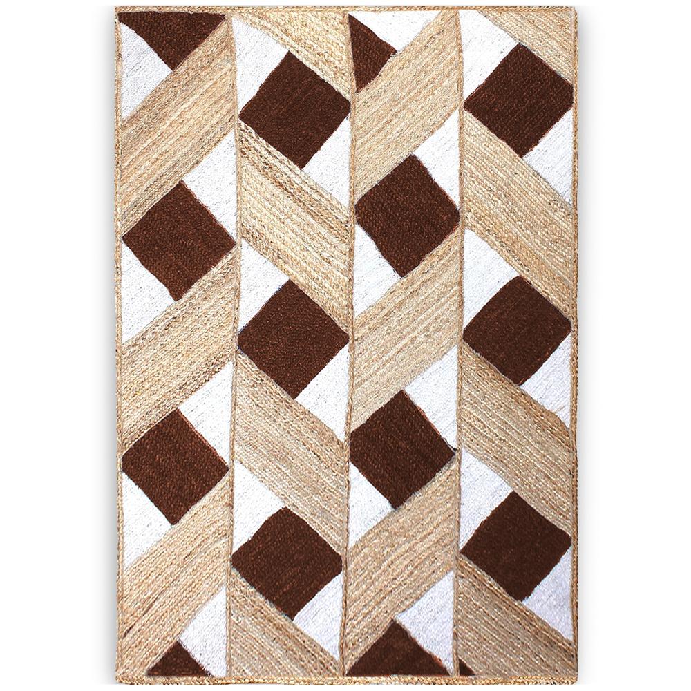 Hand Braided Natural Jute Rug with Brown and White Diamond Lattice Geometric Pattern