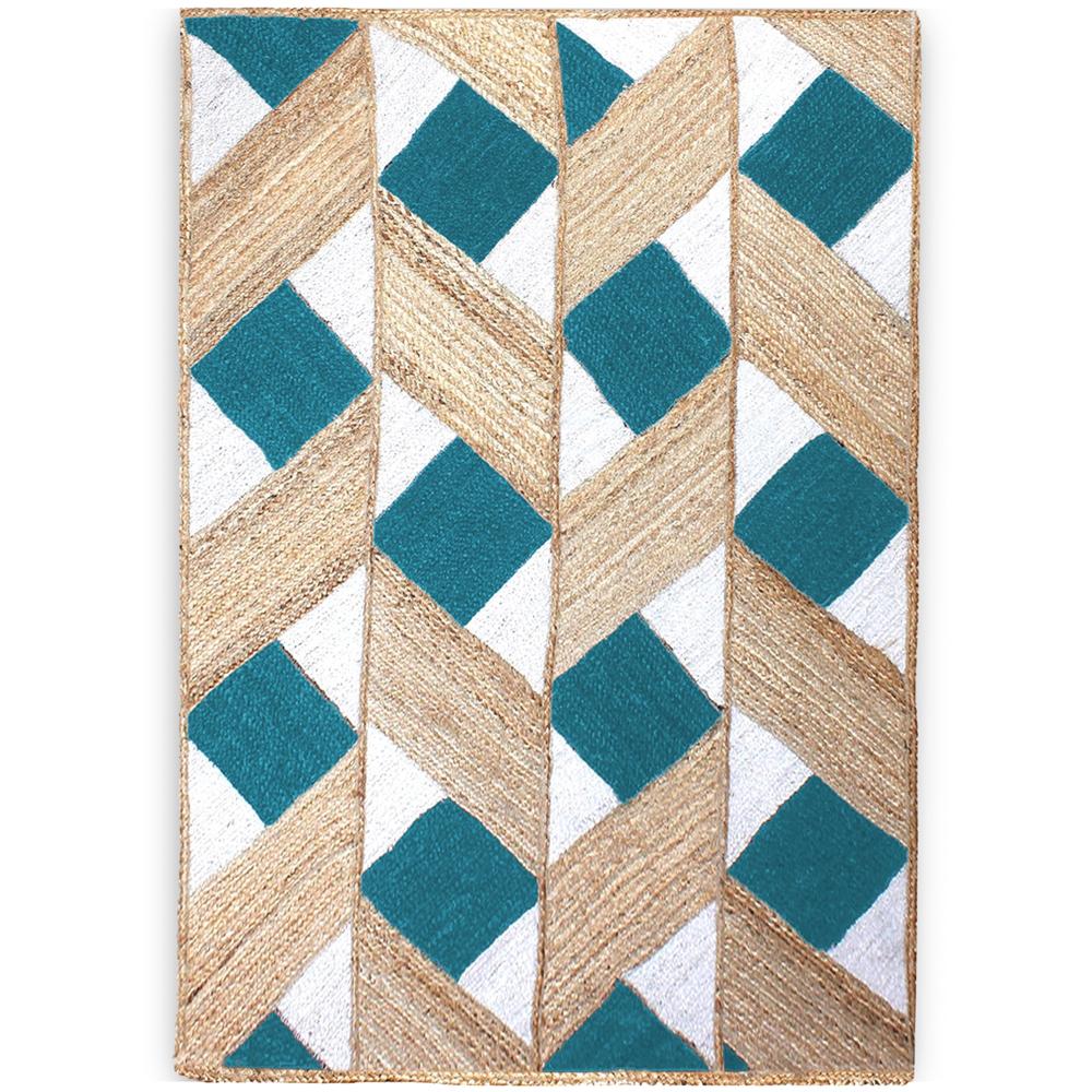 Hand Braided Natural Jute Rug with Teal Blue and White Diamond Lattice Geometric Pattern