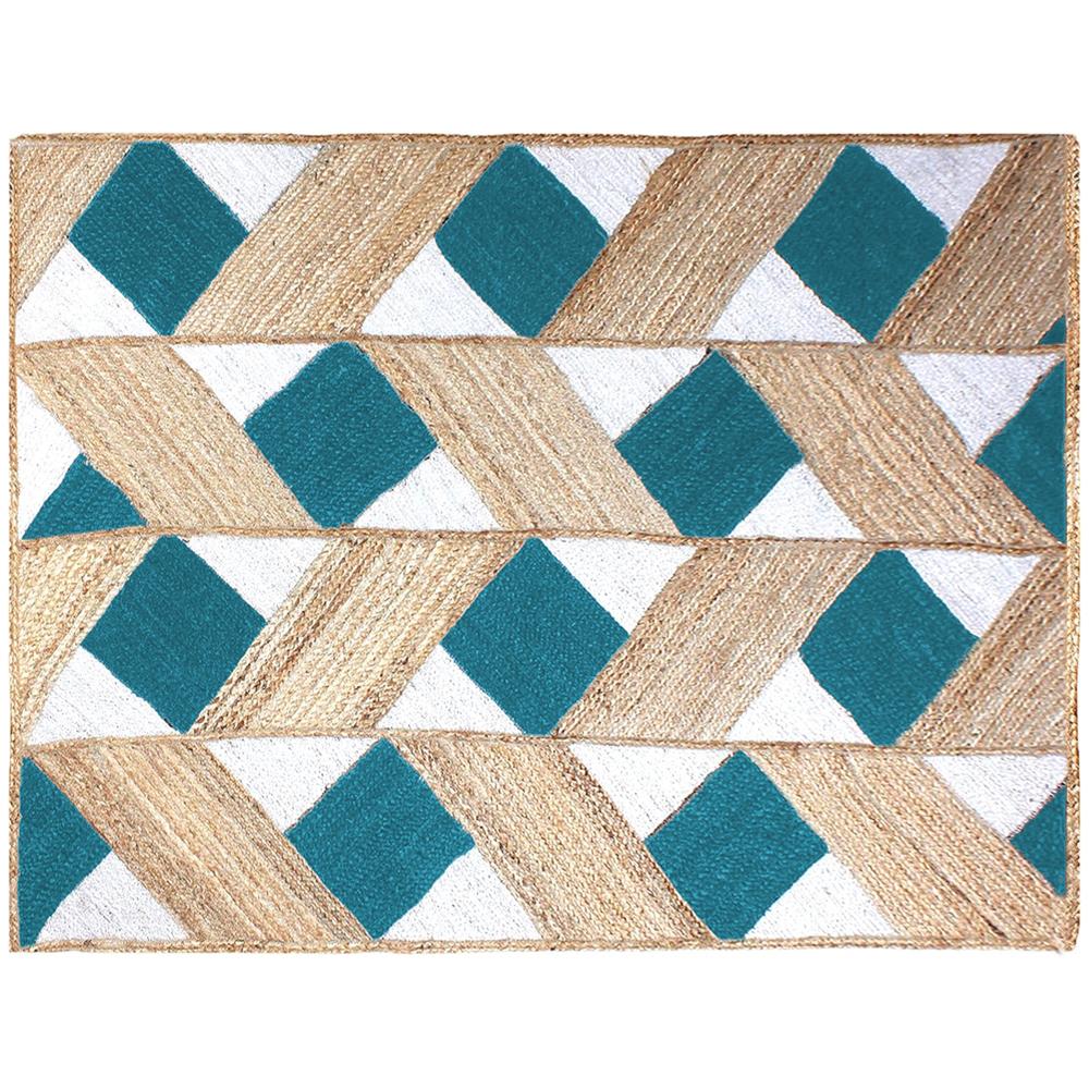 Hand Braided Natural Jute Rug with Teal Blue and White Diamond Lattice Geometric Pattern