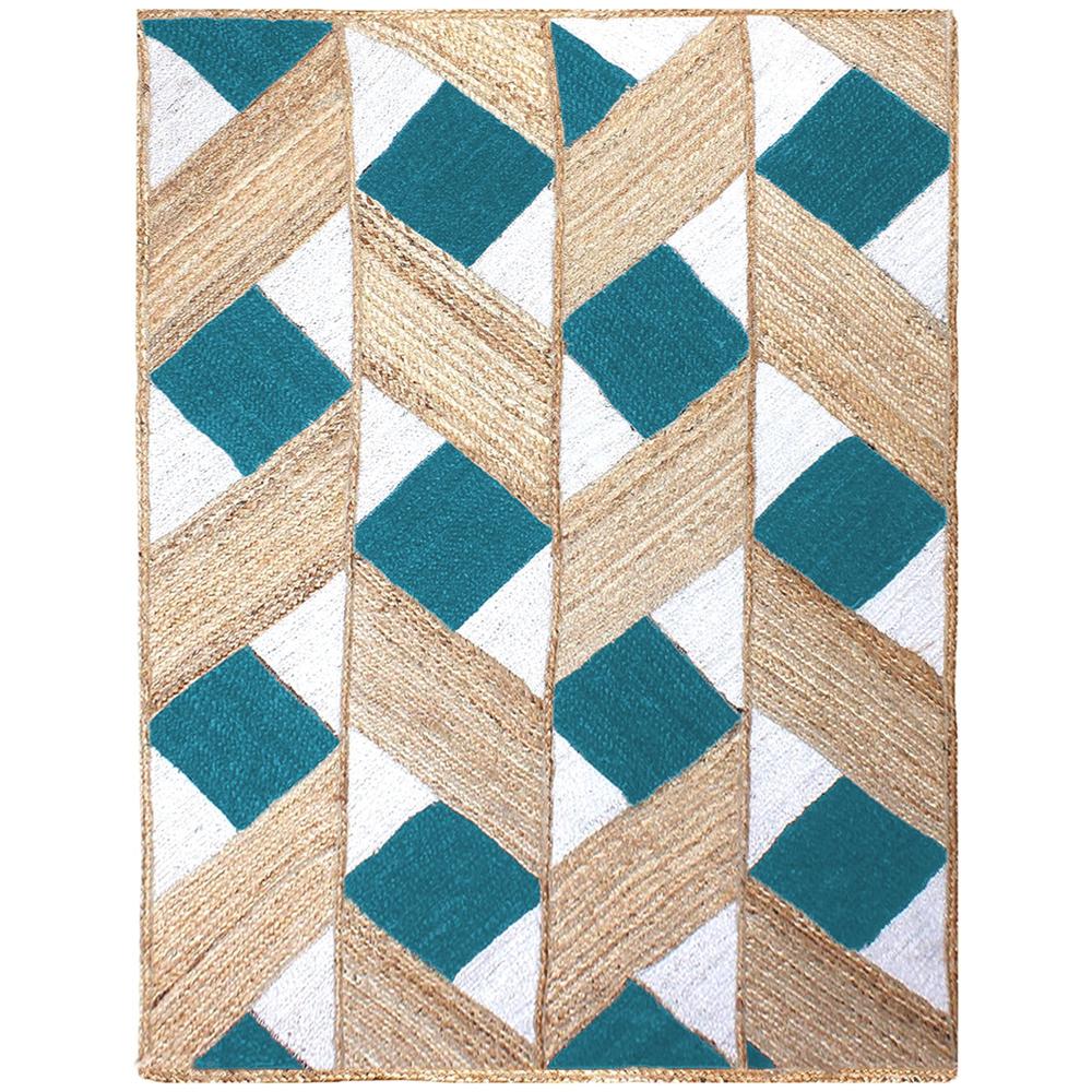 Hand Braided Natural Jute Rug with Teal Blue and White Diamond Lattice Geometric Pattern