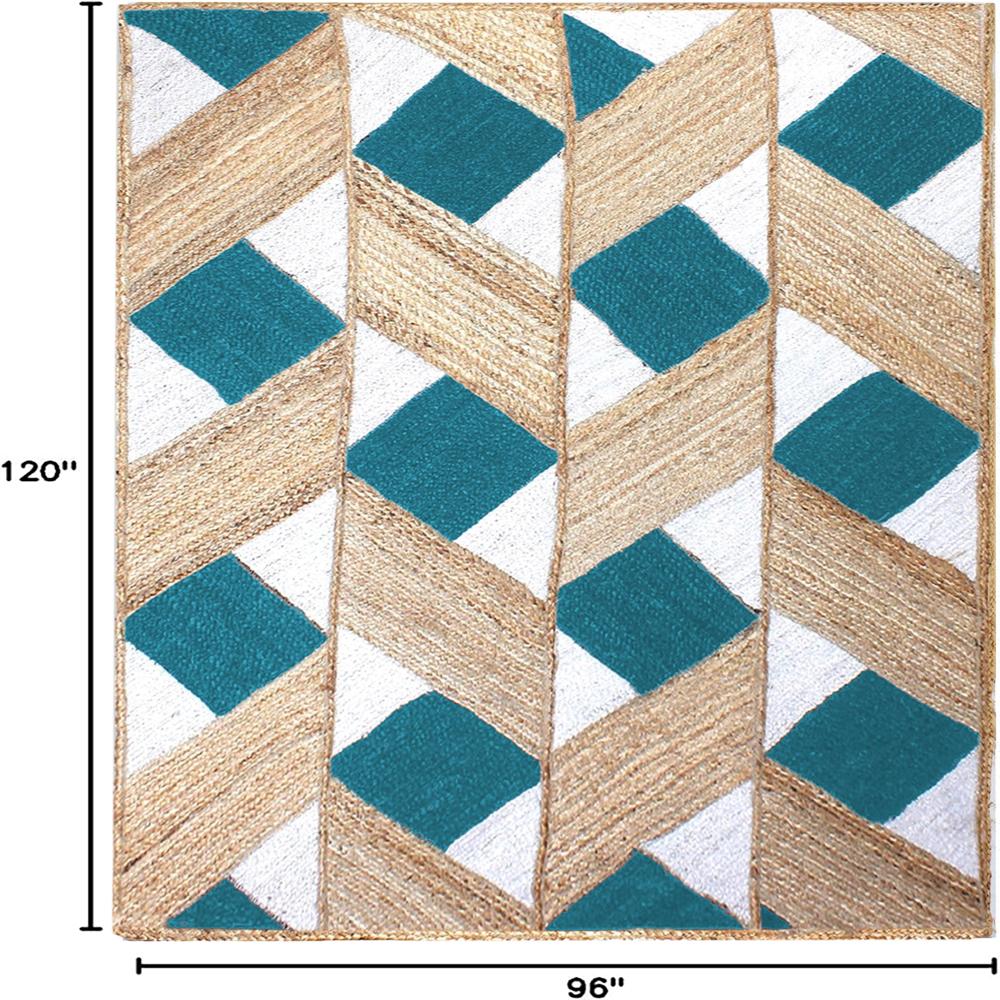 Hand Braided Natural Jute Rug with Teal Blue and White Diamond Lattice Geometric Pattern