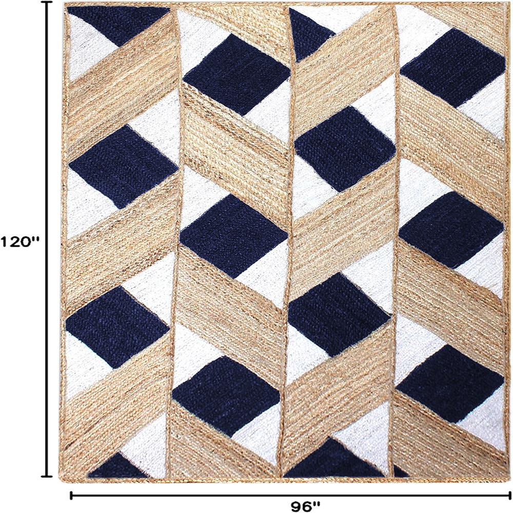 Hand Braided Natural Jute Rug with Navy Blue and White Diamond Lattice Geometric Pattern