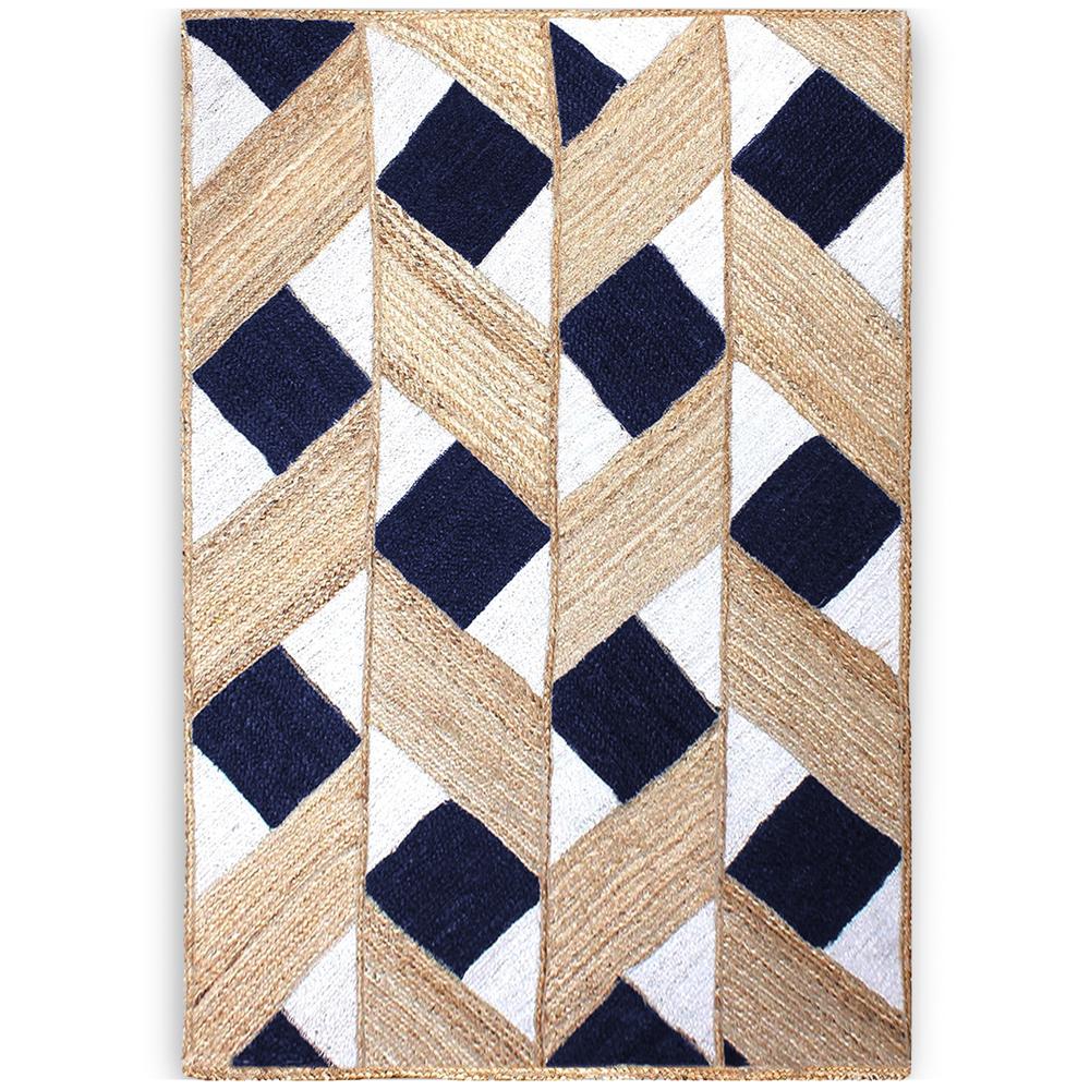 Hand Braided Natural Jute Rug with Navy Blue and White Diamond Lattice Geometric Pattern