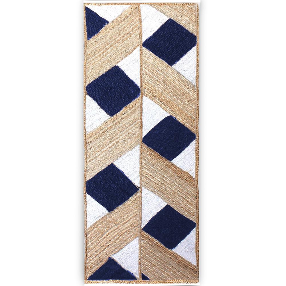 Hand Braided Natural Jute Rug with Navy Blue and White Diamond Lattice Geometric Pattern