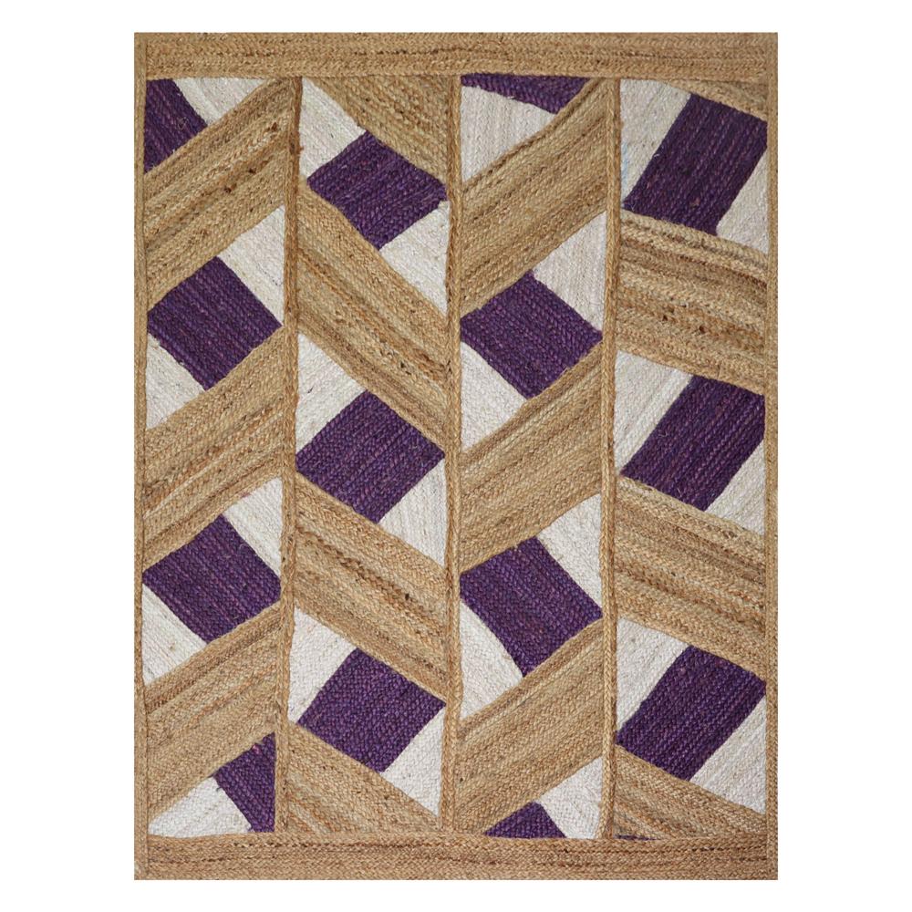 Hand Braided Natural Jute Rug with Purple and White Diamond Lattice Geometric Pattern