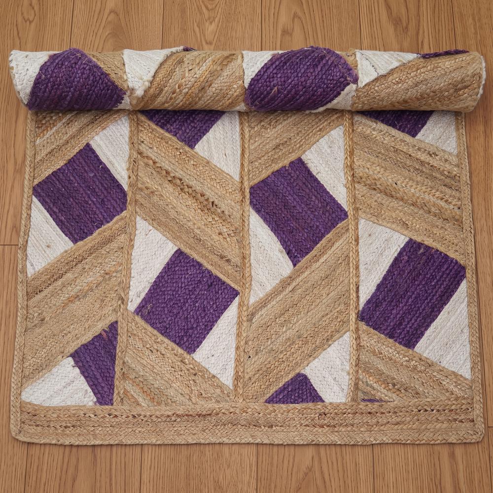 Hand Braided Natural Jute Rug with Purple and White Diamond Lattice Geometric Pattern