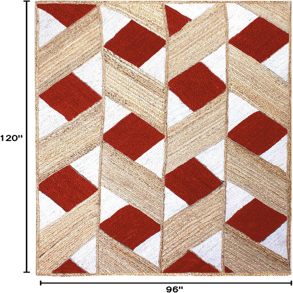 Hand Braided Natural Jute Rug with Red and White Diamond Lattice Geometric Pattern
