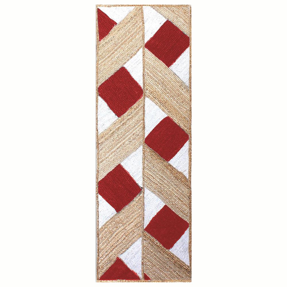 Hand Braided Natural Jute Rug with Red and White Diamond Lattice Geometric Pattern