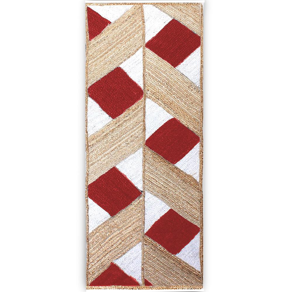 Hand Braided Natural Jute Rug with Red and White Diamond Lattice Geometric Pattern