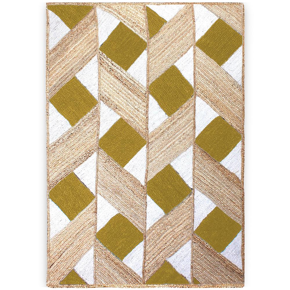 Hand Braided Natural Jute Rug with Yellow and White Diamond Lattice Geometric Pattern