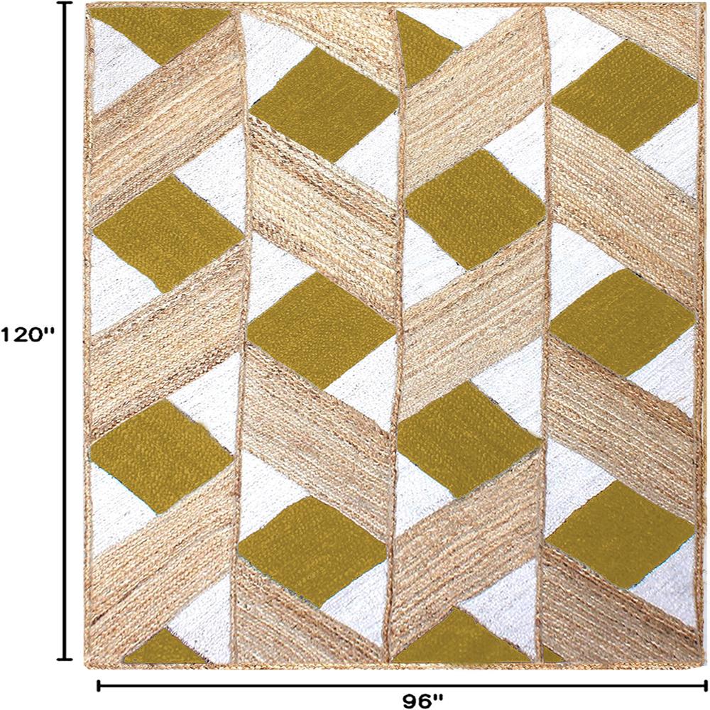 Hand Braided Natural Jute Rug with Yellow and White Diamond Lattice Geometric Pattern