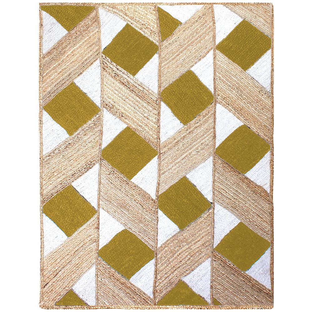 Hand Braided Natural Jute Rug with Yellow and White Diamond Lattice Geometric Pattern