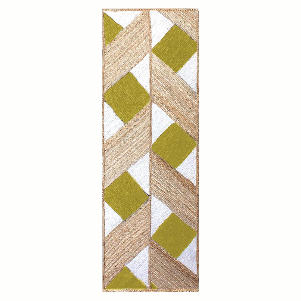 Hand Braided Natural Jute Rug with Yellow and White Diamond Lattice Geometric Pattern