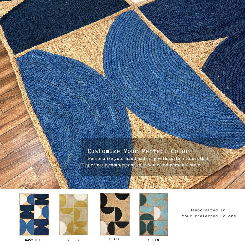 Hand Braided Navy Blue Geometric Jute Area Rug