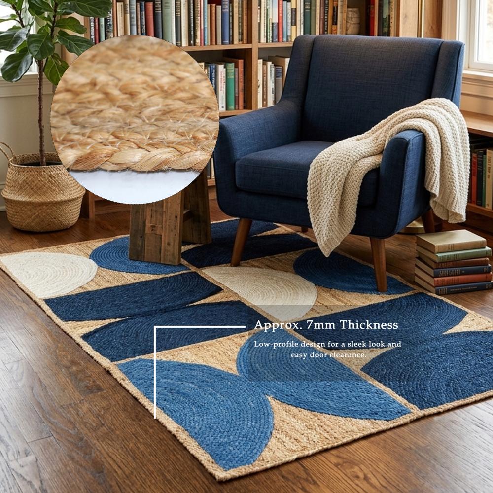 Hand Braided Navy Blue Geometric Jute Area Rug