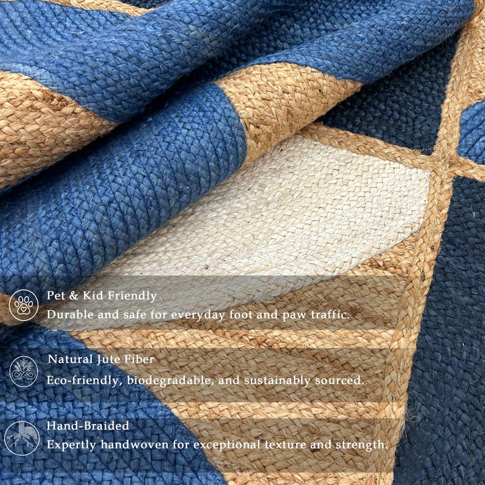 Hand Braided Navy Blue Geometric Jute Area Rug