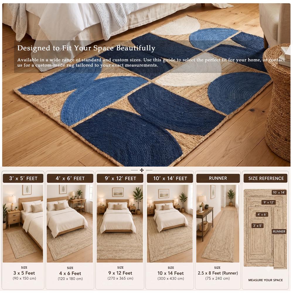 Hand Braided Navy Blue Geometric Jute Area Rug