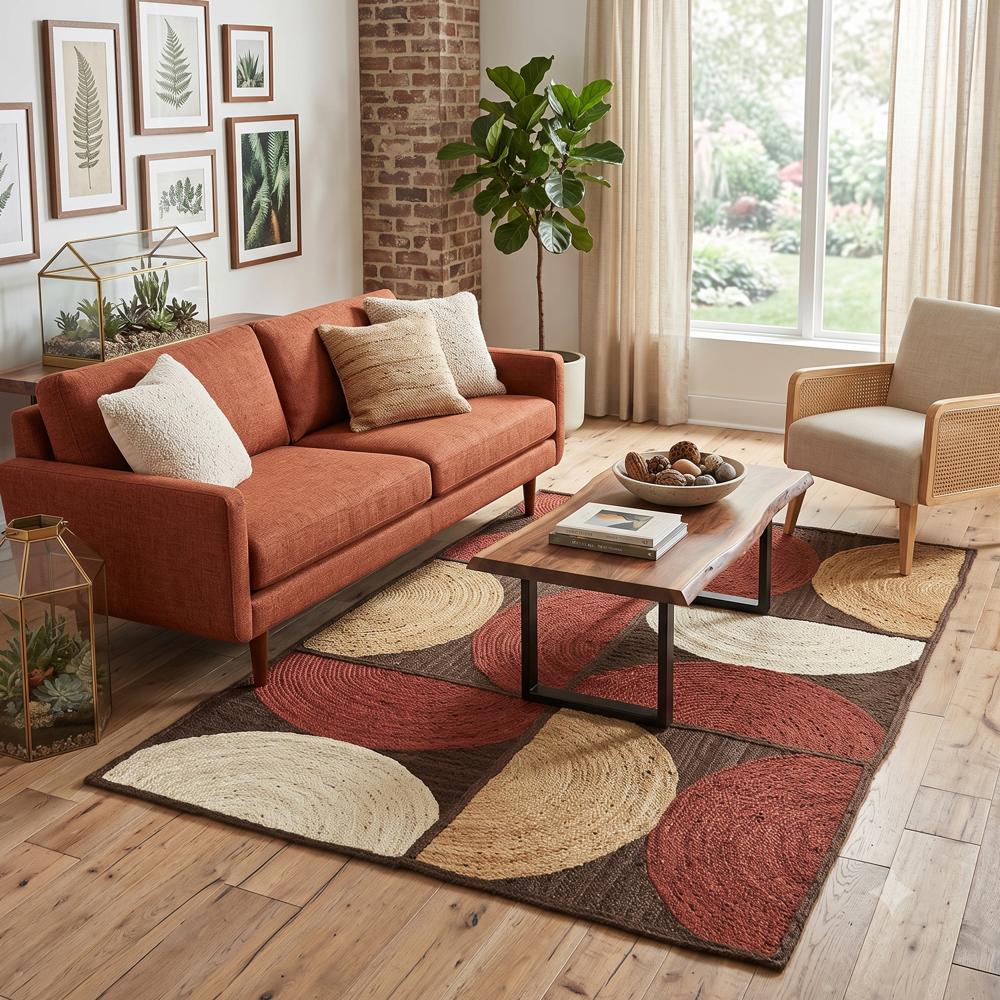 Geometric Jute Rug Terracotta & Rust Brown Half-Circle