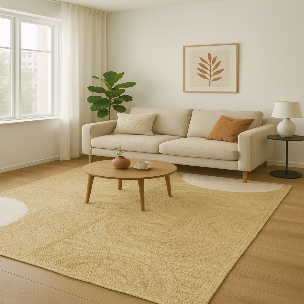 Modern Geometric Jute Area Rug with White Semi-Circle Accents