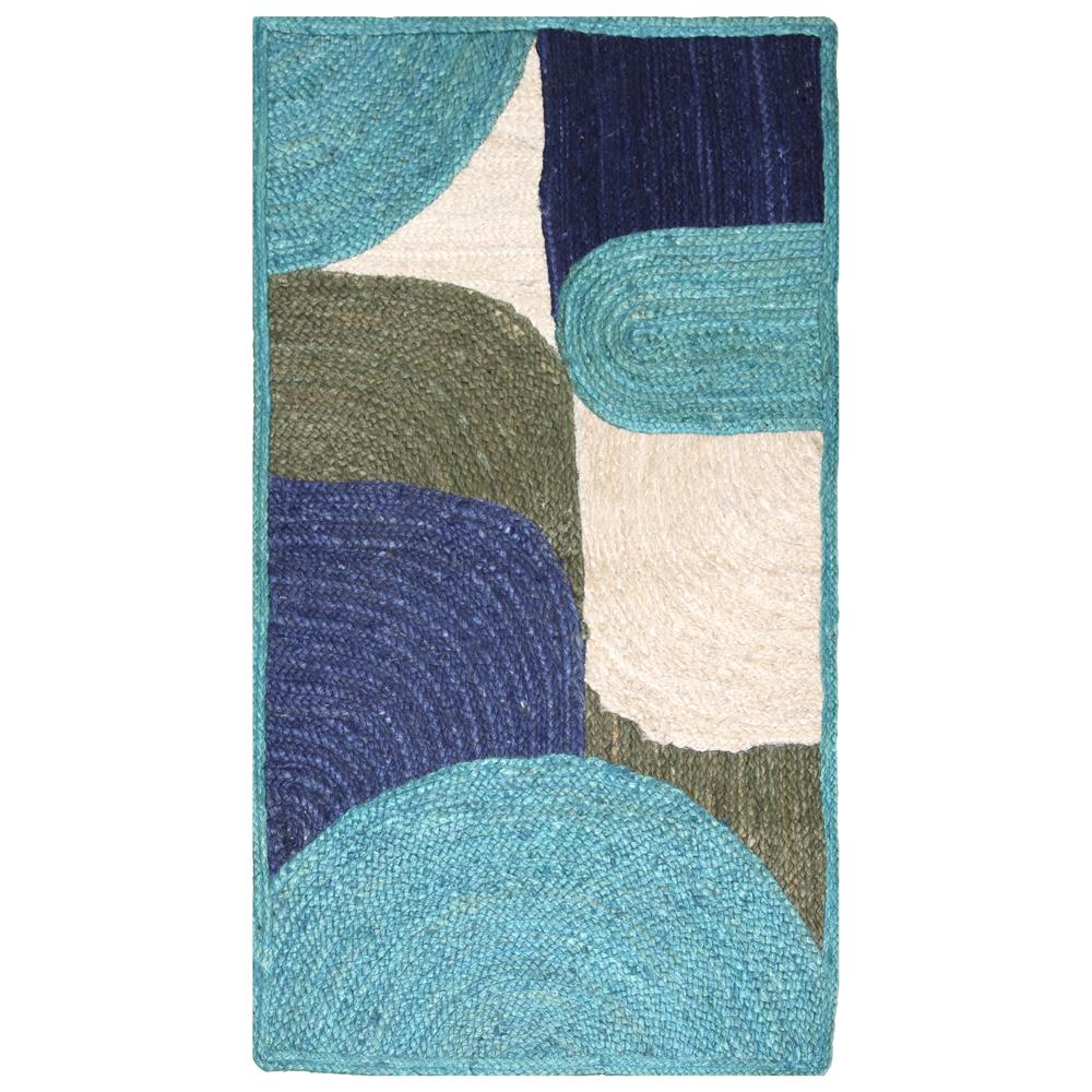 Modern Abstract Geometric Jute Rug with Teal, Navy & Cream Accents