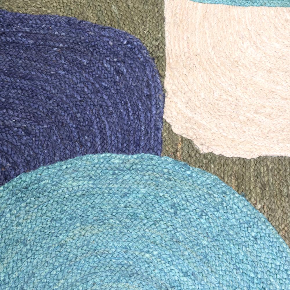 Modern Abstract Geometric Jute Rug with Teal, Navy & Cream Accents