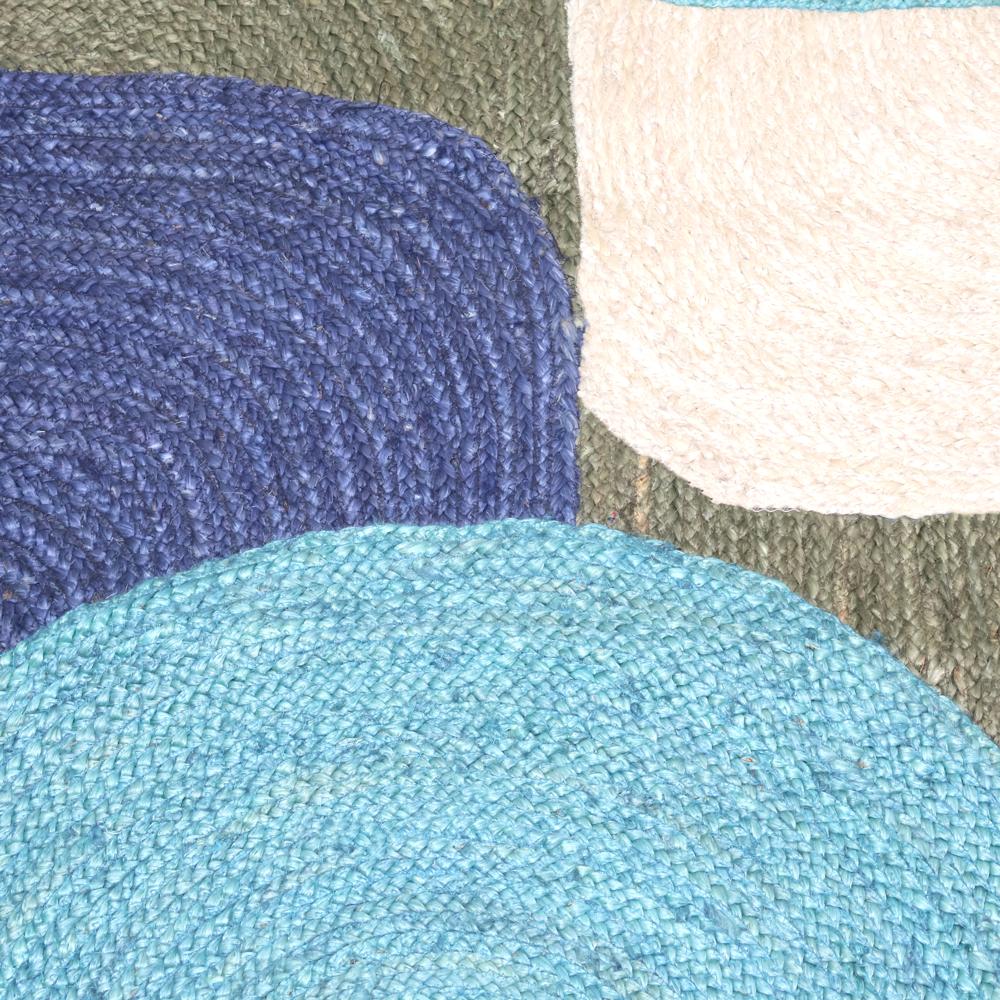 Modern Abstract Geometric Jute Rug with Teal, Navy & Cream Accents