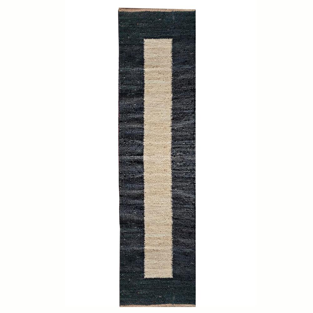 Modern Minimalist Black Jute Runner Rug with Natural Center Stripe
