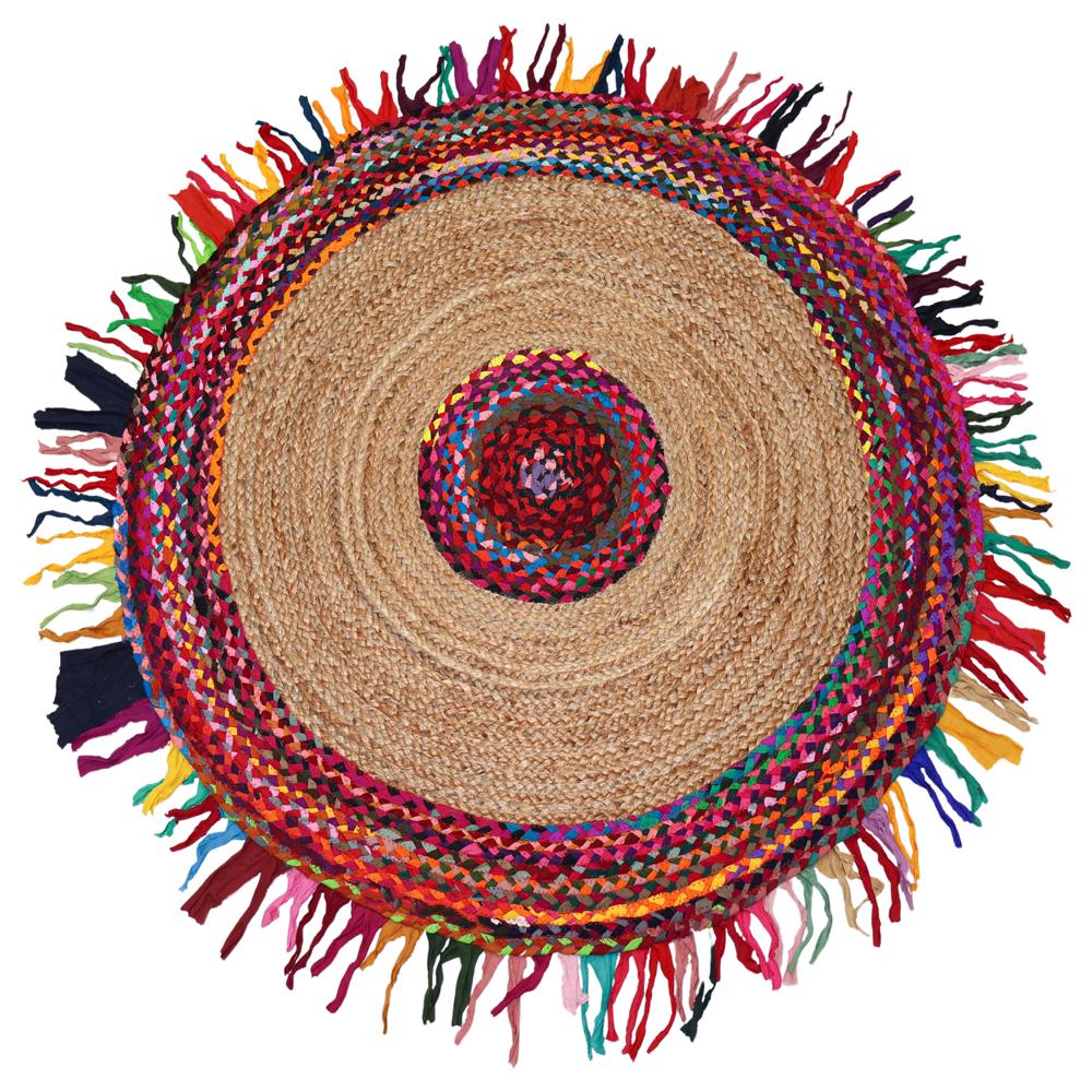 Handcrafted Round Jute & Chindi Cotton Rag Rug with Multicolored Fringe Border
