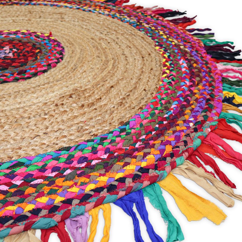 Handcrafted Round Jute & Chindi Cotton Rag Rug with Multicolored Fringe Border