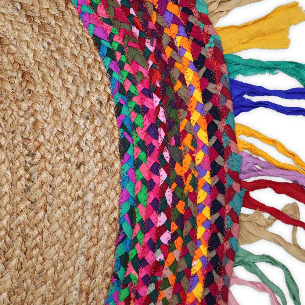 Handcrafted Round Jute & Chindi Cotton Rag Rug with Multicolored Fringe Border